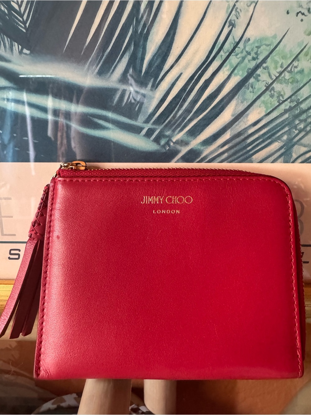 Jimmy Choo Red Leather Zip Around Coin Purse Card Case Tassel